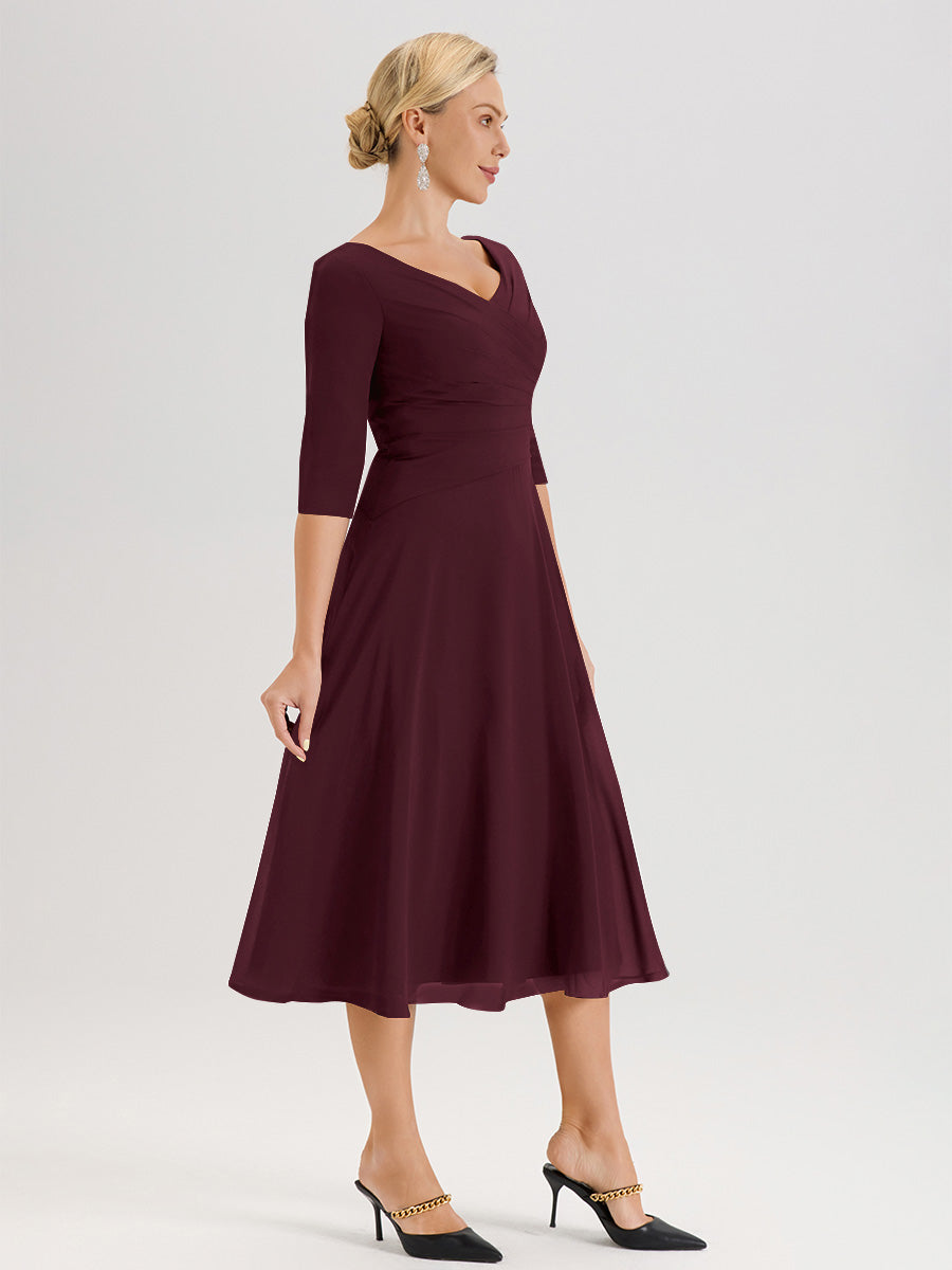 Cicinia Robe Pour Mère De La Mariée Cabernet longueur Mi-Mollet Décolleté En V Et Manches 3/4 En Mousseline Trapèze