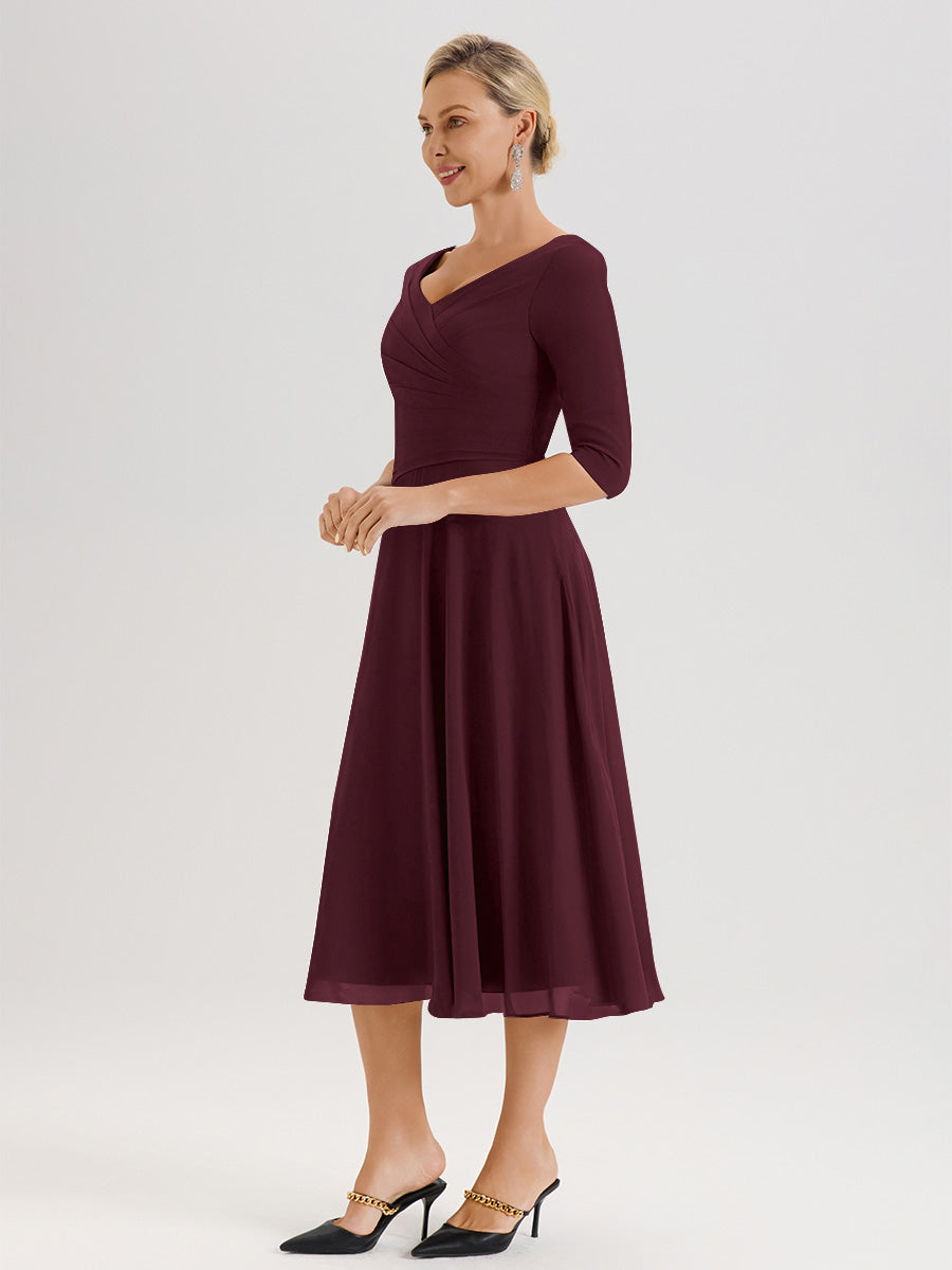 Cicinia Robe Pour Mère De La Mariée Cabernet longueur Mi-Mollet Décolleté En V Et Manches 3/4 En Mousseline Trapèze