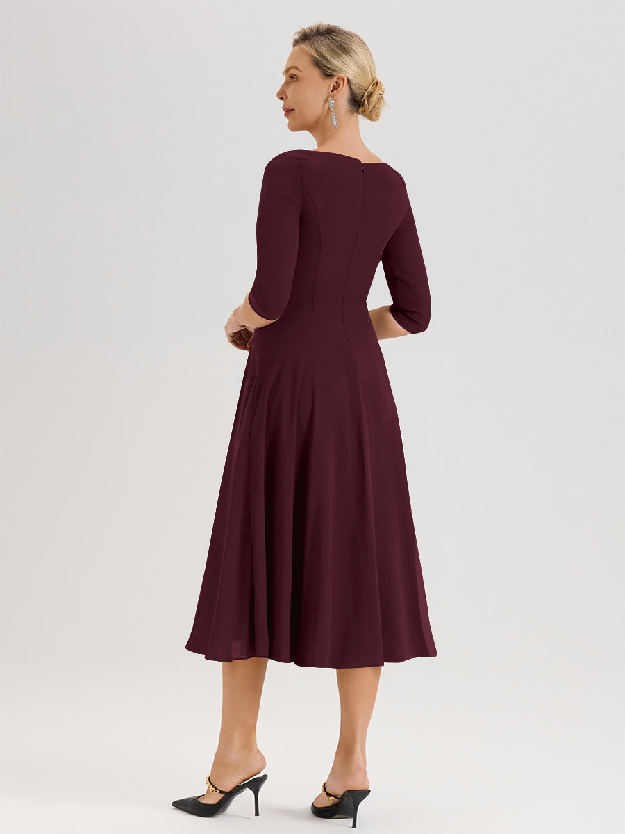 Cicinia Robe Pour Mère De La Mariée Cabernet longueur Mi-Mollet Décolleté En V Et Manches 3/4 En Mousseline Trapèze