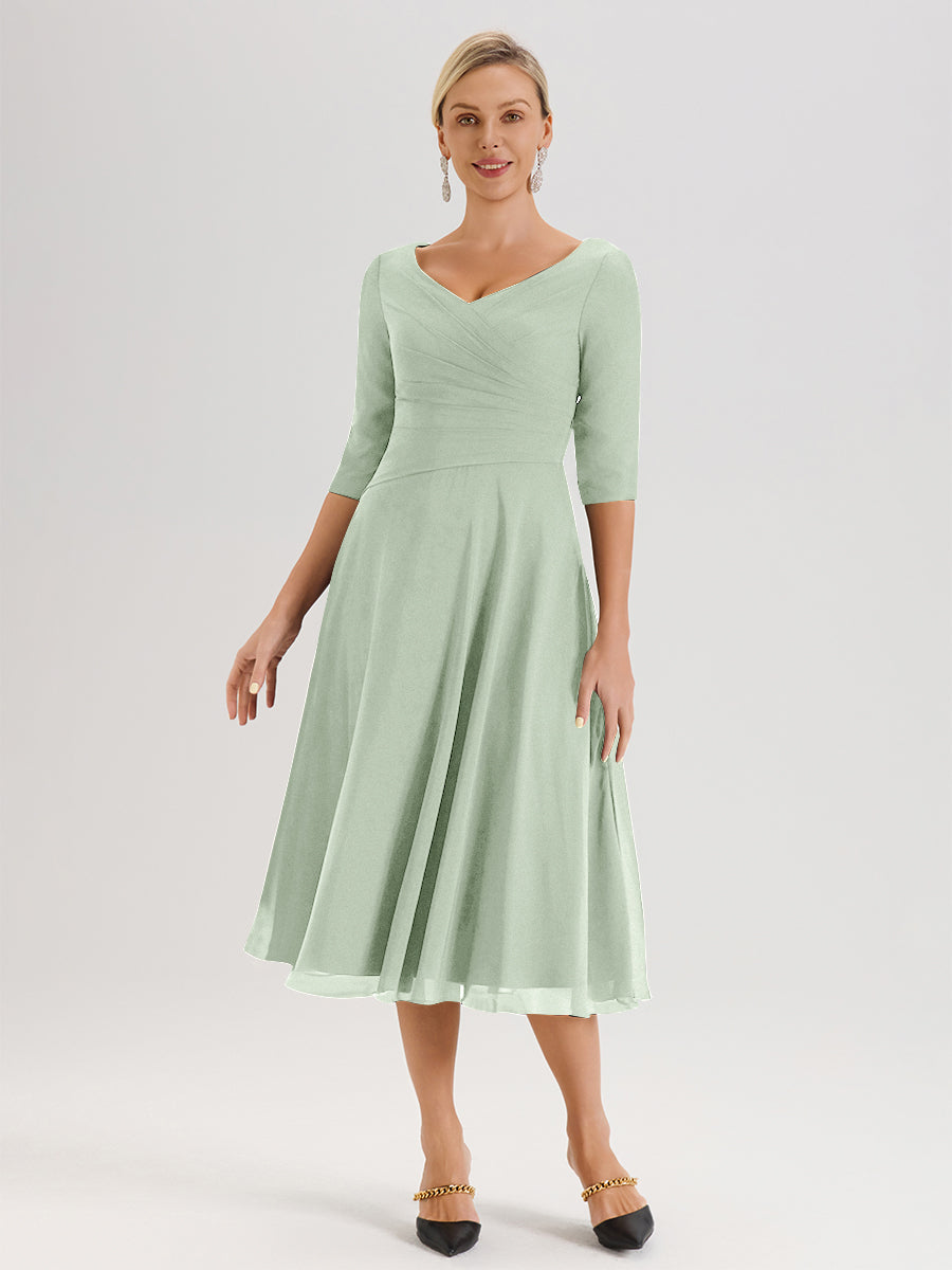 Cicinia Robe Pour Mère De La Mariée Celadon longueur Mi-Mollet Décolleté En V Et Manches 3/4 En Mousseline Trapèze