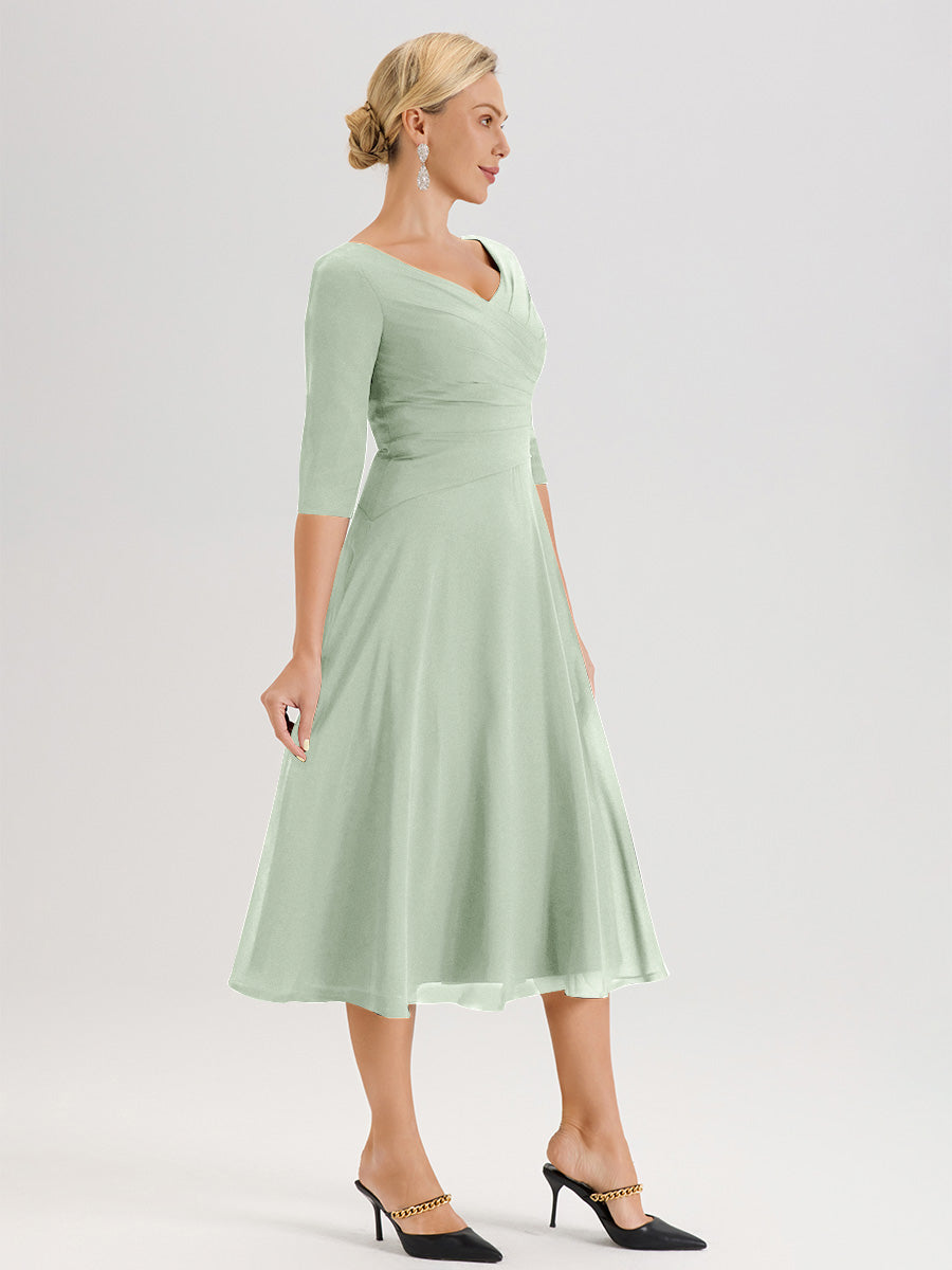 Cicinia Robe Pour Mère De La Mariée Celadon longueur Mi-Mollet Décolleté En V Et Manches 3/4 En Mousseline Trapèze
