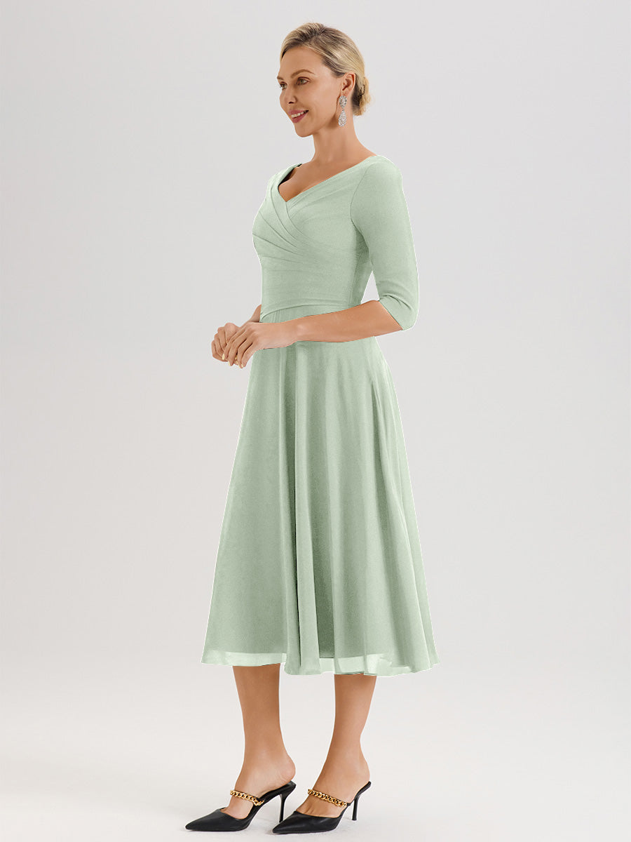 Cicinia Robe Pour Mère De La Mariée Celadon longueur Mi-Mollet Décolleté En V Et Manches 3/4 En Mousseline Trapèze