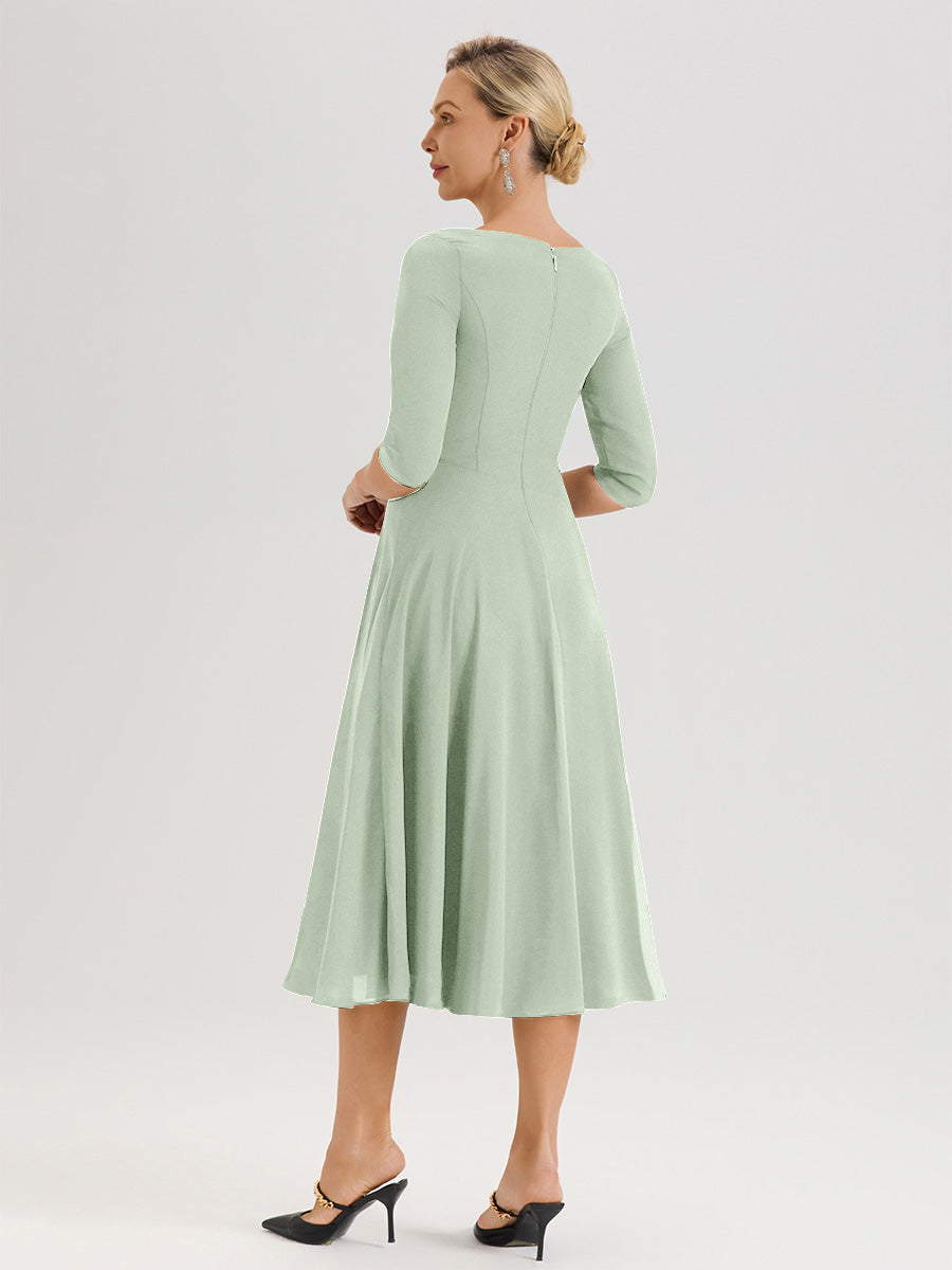 Cicinia Robe Pour Mère De La Mariée Celadon longueur Mi-Mollet Décolleté En V Et Manches 3/4 En Mousseline Trapèze