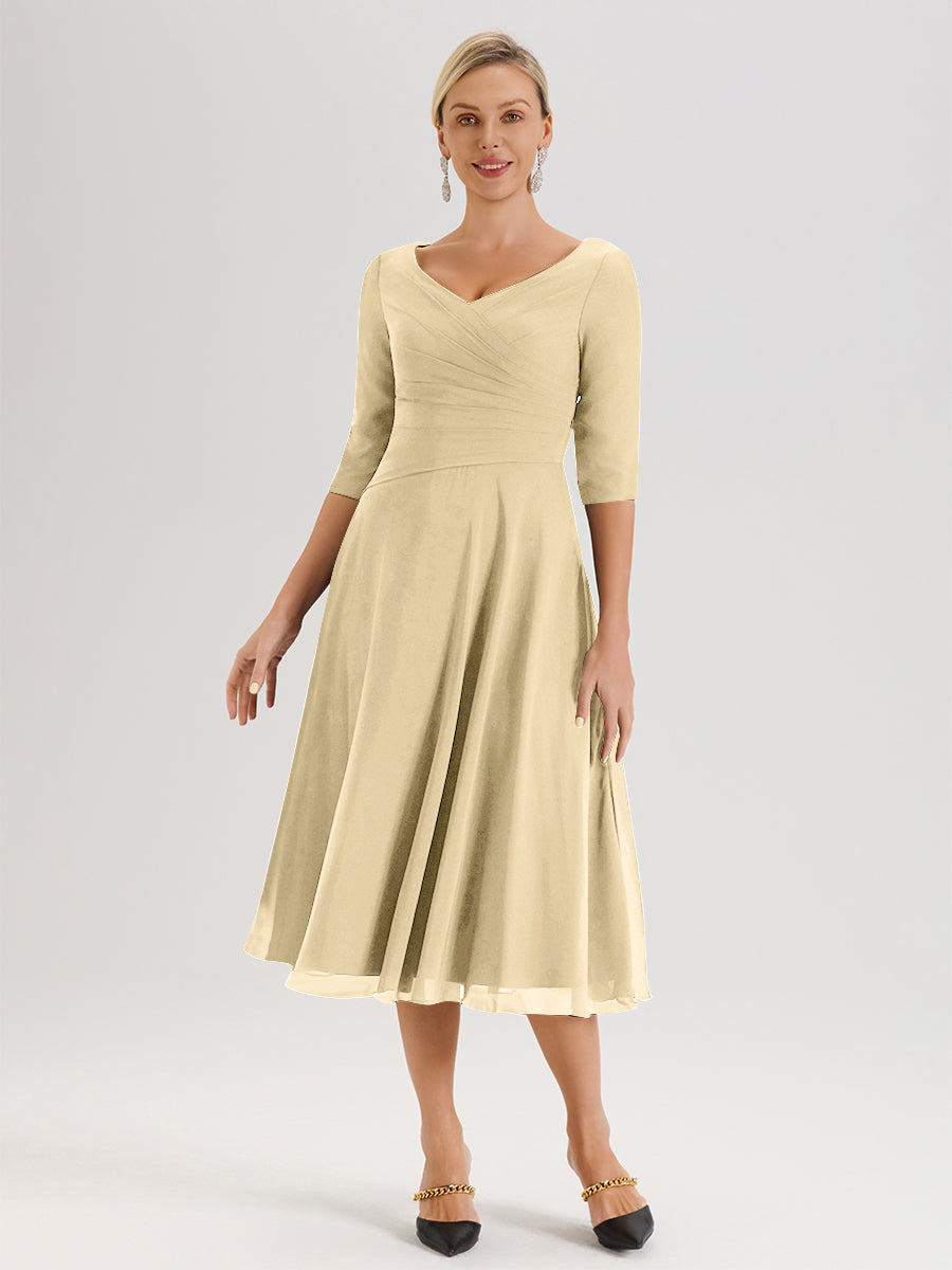 Cicinia Robe Pour Mère De La Mariée Champagne longueur Mi-Mollet Décolleté En V Et Manches 3/4 En Mousseline Trapèze