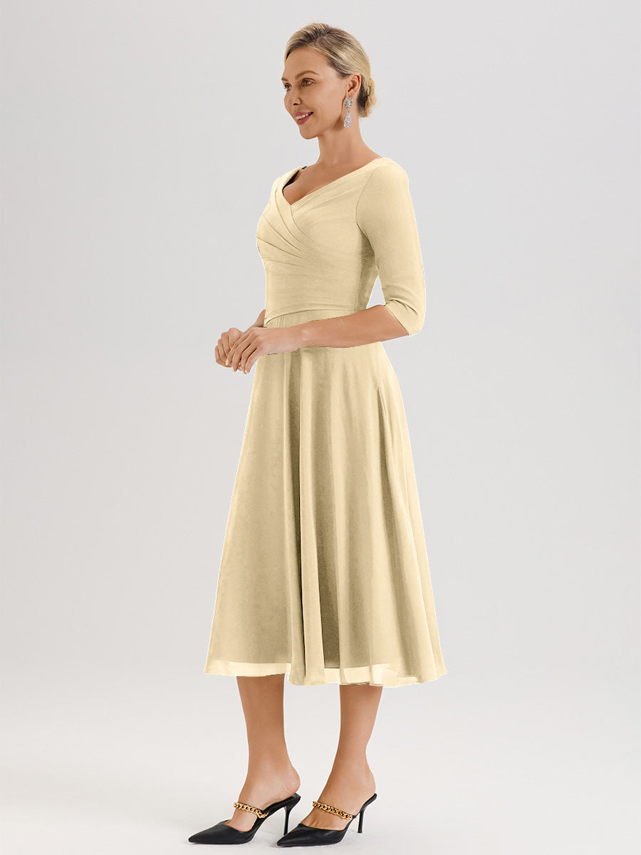 Cicinia Robe Pour Mère De La Mariée Champagne longueur Mi-Mollet Décolleté En V Et Manches 3/4 En Mousseline Trapèze