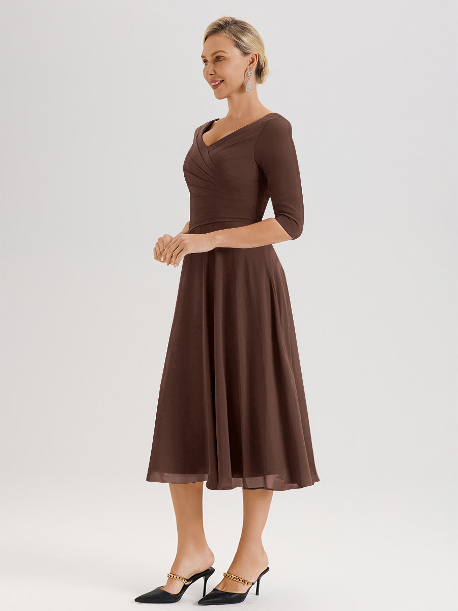 Cicinia Robe Pour Mère De La Mariée Chocolat longueur Mi-Mollet Décolleté En V Et Manches 3/4 En Mousseline Trapèze
