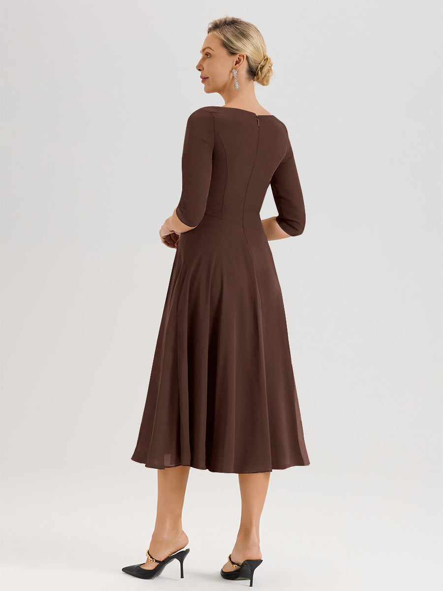 Cicinia Robe Pour Mère De La Mariée Chocolat longueur Mi-Mollet Décolleté En V Et Manches 3/4 En Mousseline Trapèze