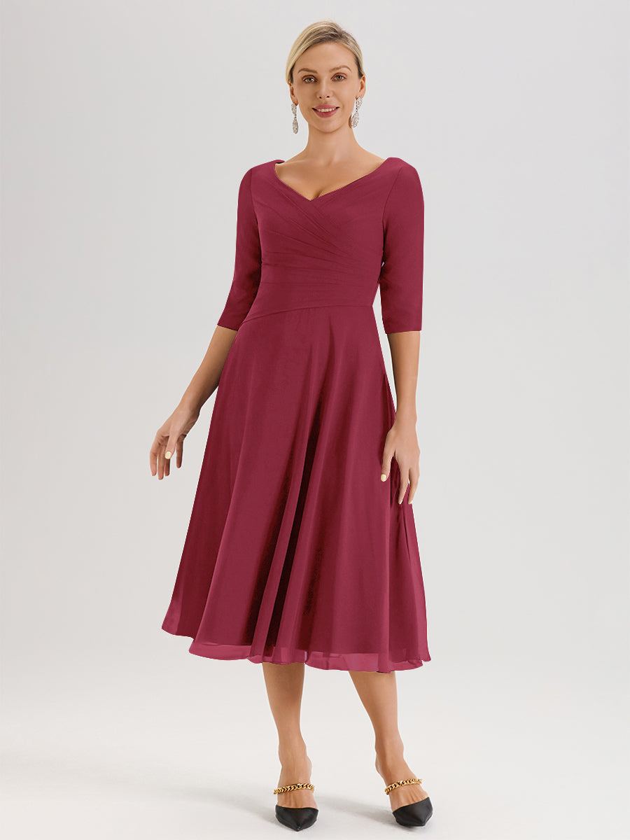Cicinia Robe Pour Mère De La Mariée Rose Cannelle longueur Mi-Mollet Décolleté En V Et Manches 3/4 En Mousseline Trapèze
