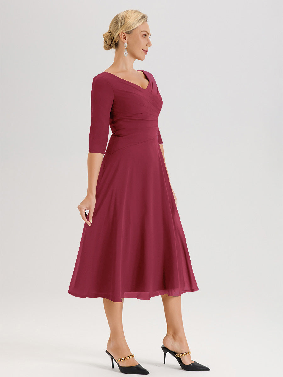 Cicinia Robe Pour Mère De La Mariée Rose Cannelle longueur Mi-Mollet Décolleté En V Et Manches 3/4 En Mousseline Trapèze