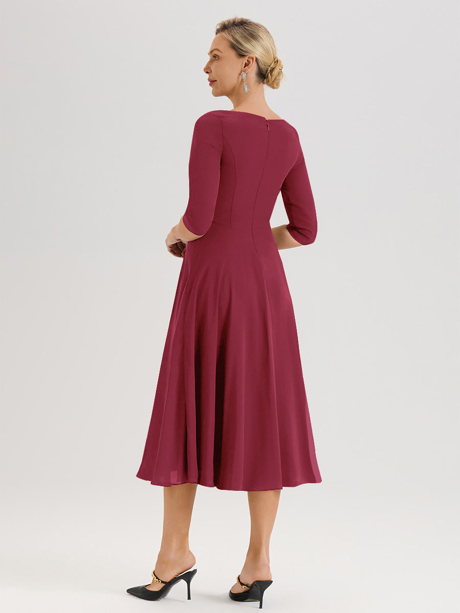 Cicinia Robe Pour Mère De La Mariée Rose Cannelle longueur Mi-Mollet Décolleté En V Et Manches 3/4 En Mousseline Trapèze