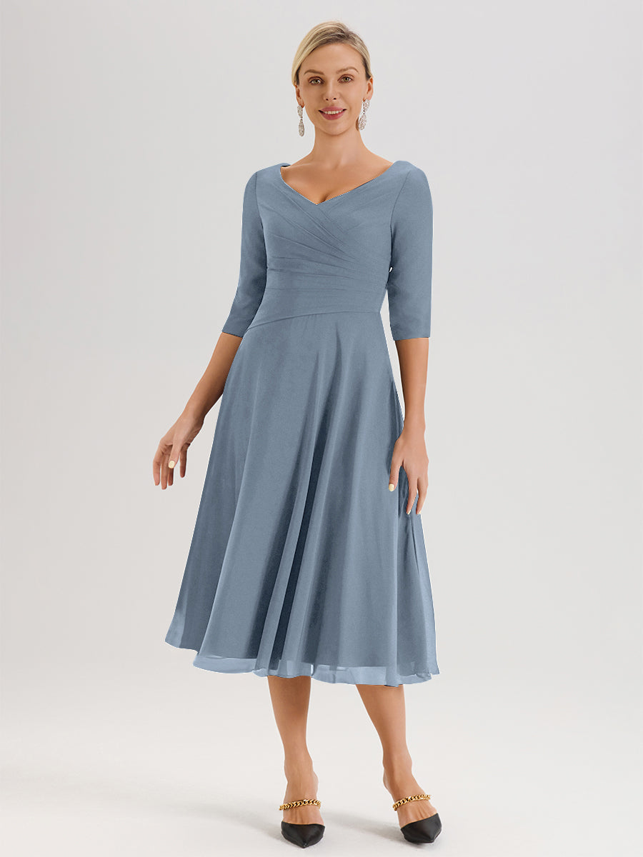 Cicinia Robe Pour Mère De La Mariée Bleu Gris longueur Mi-Mollet Décolleté En V Et Manches 3/4 En Mousseline Trapèze