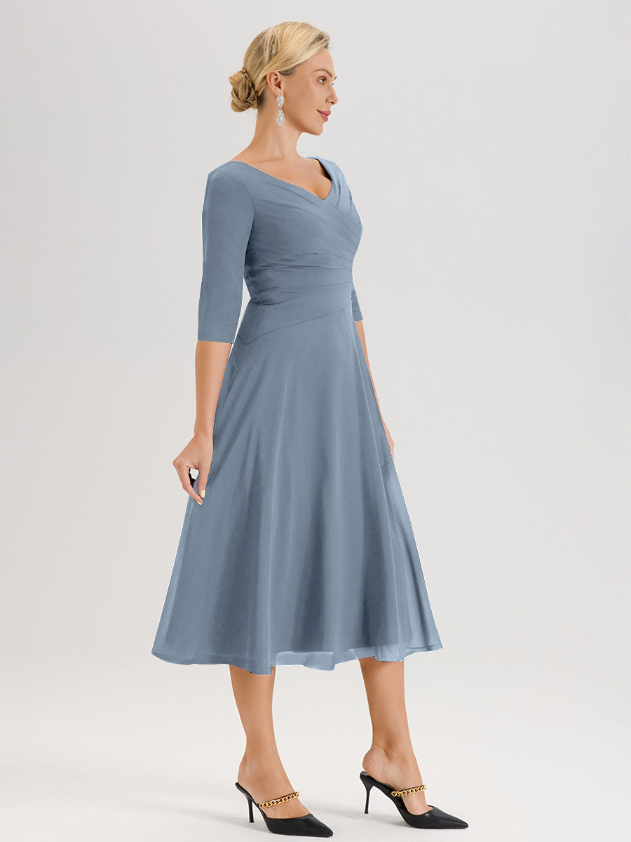 Cicinia Robe Pour Mère De La Mariée Bleu Gris longueur Mi-Mollet Décolleté En V Et Manches 3/4 En Mousseline Trapèze