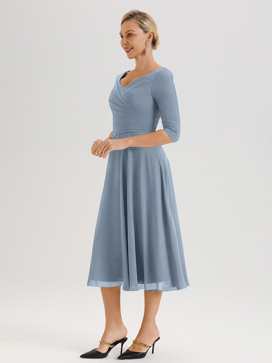 Cicinia Robe Pour Mère De La Mariée Bleu Gris longueur Mi-Mollet Décolleté En V Et Manches 3/4 En Mousseline Trapèze
