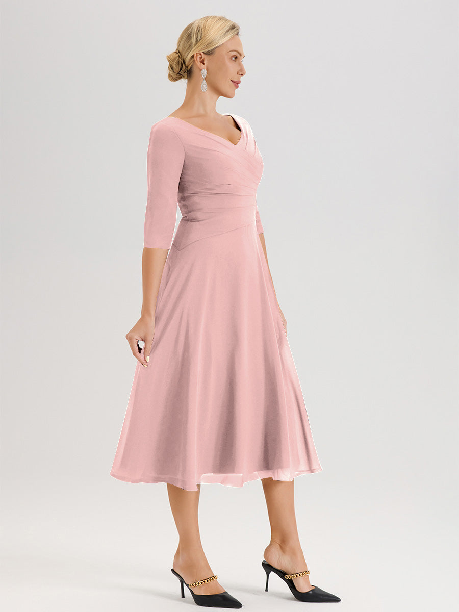 Cicinia Robe Pour Mère De La Mariée Rose Poudrée longueur Mi-Mollet Décolleté En V Et Manches 3/4 En Mousseline Trapèze