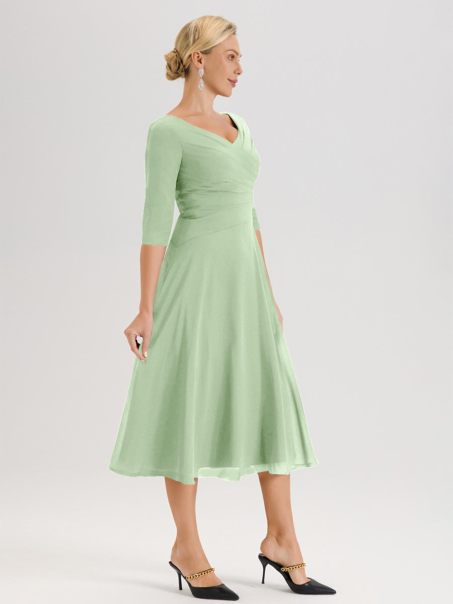 Cicinia Robe Pour Mère De La Mariée Sauge Poussiéreux longueur Mi-Mollet Décolleté En V Et Manches 3/4 En Mousseline Trapèze