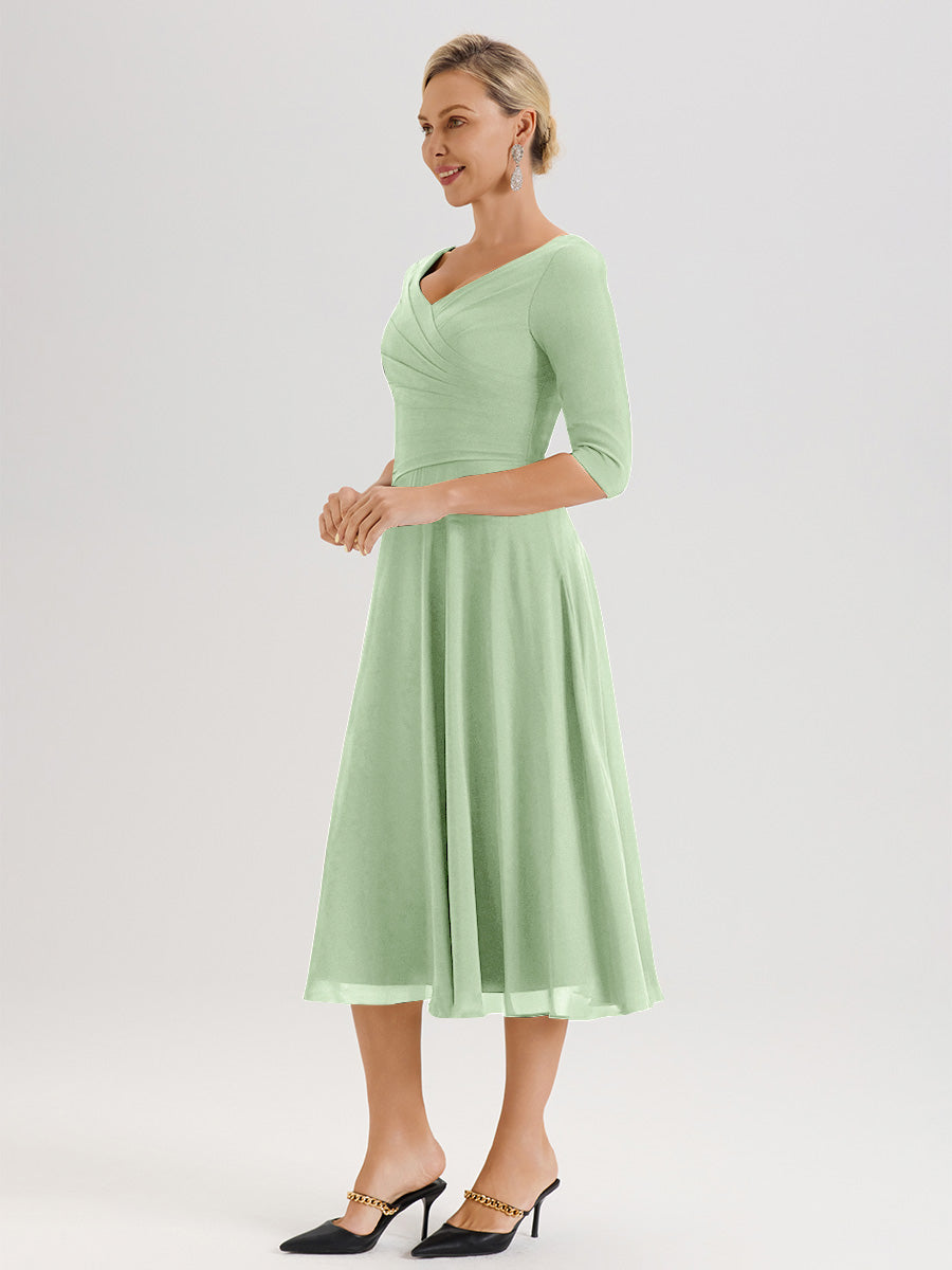 Cicinia Robe Pour Mère De La Mariée Sauge Poussiéreux longueur Mi-Mollet Décolleté En V Et Manches 3/4 En Mousseline Trapèze