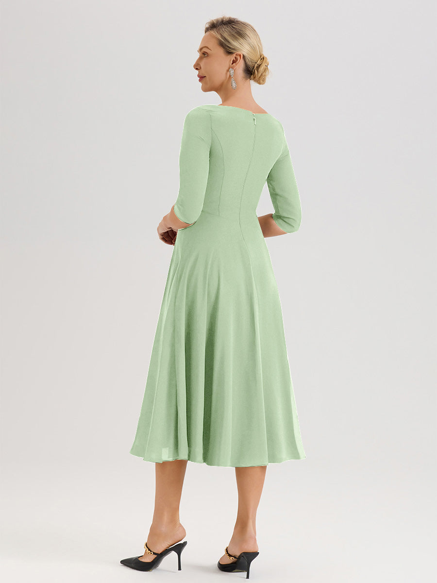 Cicinia Robe Pour Mère De La Mariée Sauge Poussiéreux longueur Mi-Mollet Décolleté En V Et Manches 3/4 En Mousseline Trapèze