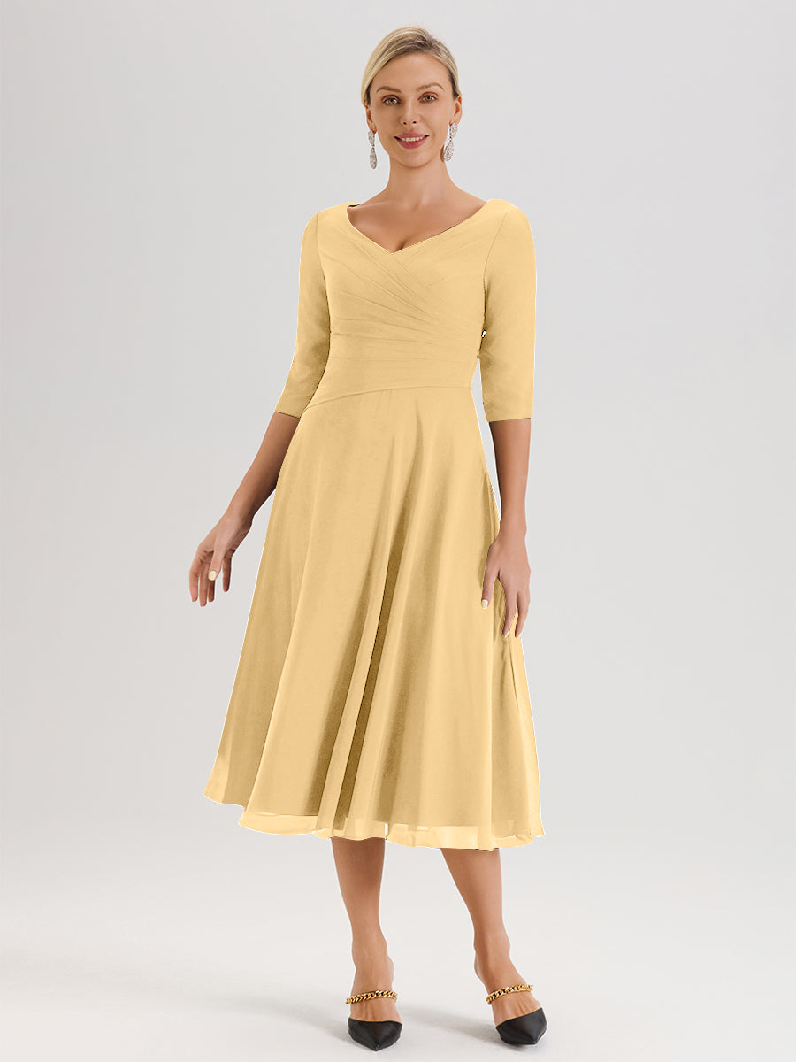Cicinia Robe Pour Mère De La Mariée Dorée longueur Mi-Mollet Décolleté En V Et Manches 3/4 En Mousseline Trapèze