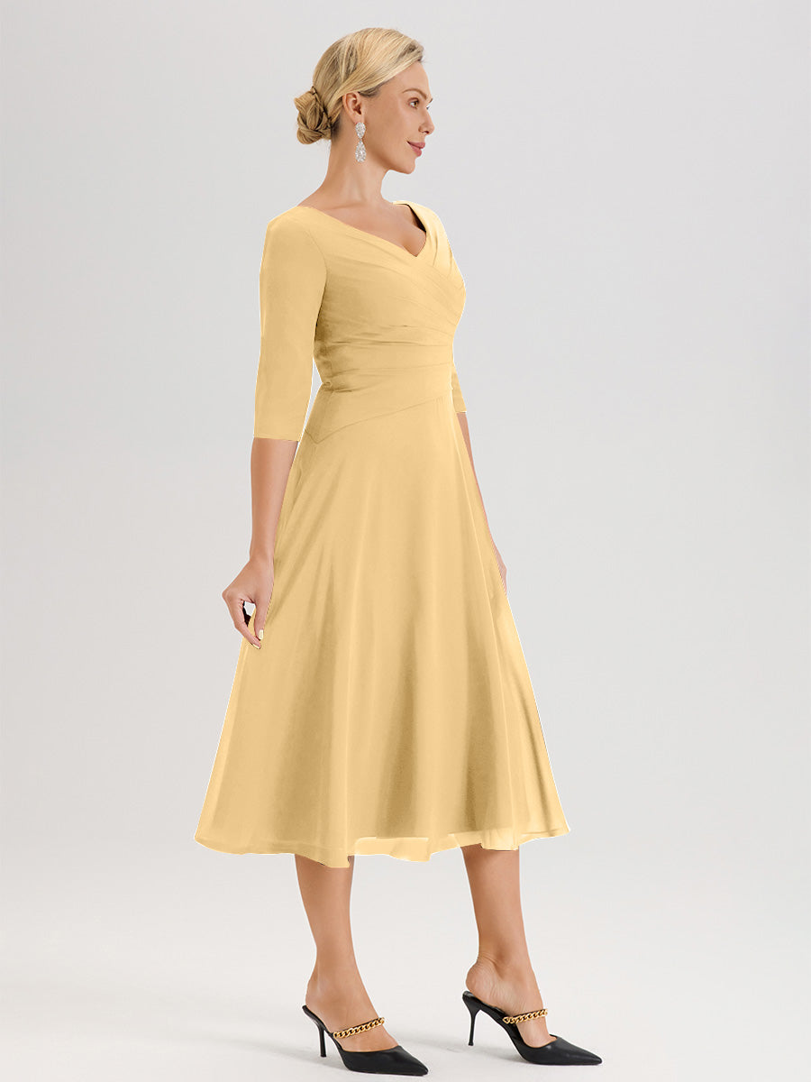 Cicinia Robe Pour Mère De La Mariée Dorée longueur Mi-Mollet Décolleté En V Et Manches 3/4 En Mousseline Trapèze