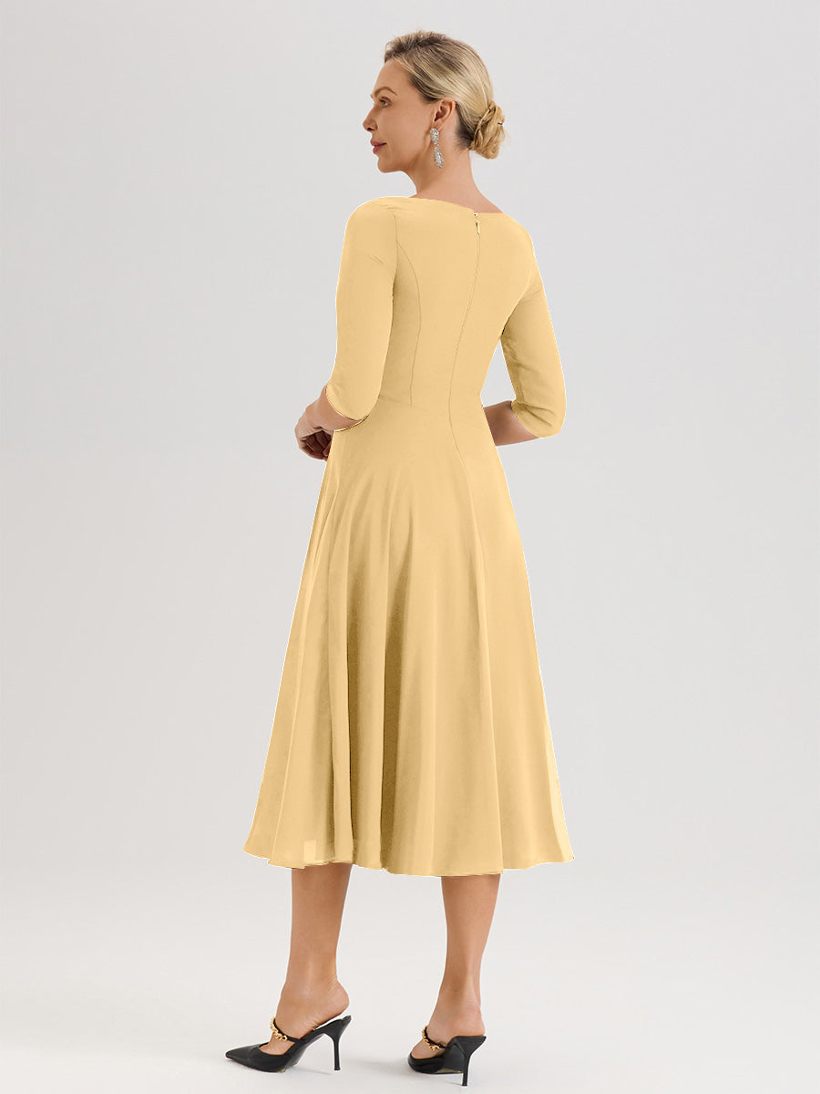 Cicinia Robe Pour Mère De La Mariée Dorée longueur Mi-Mollet Décolleté En V Et Manches 3/4 En Mousseline Trapèze