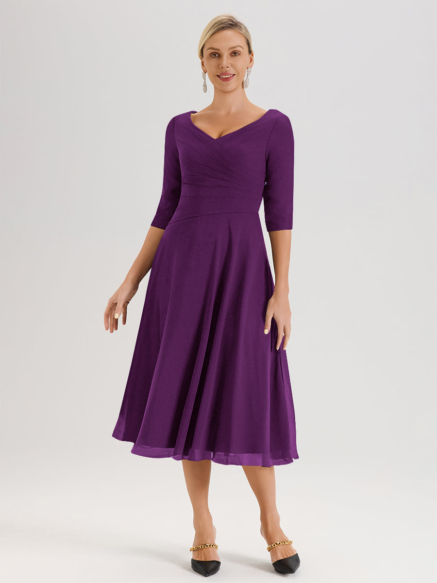Cicinia Robe Pour Mère De La Mariée En Raisin longueur Mi-Mollet Décolleté En V Et Manches 3/4 En Mousseline Trapèze