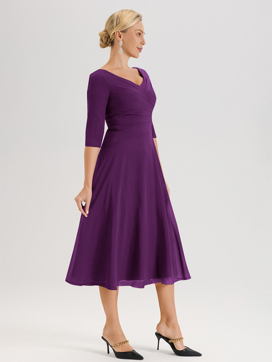 Cicinia Robe Pour Mère De La Mariée En Raisin longueur Mi-Mollet Décolleté En V Et Manches 3/4 En Mousseline Trapèze