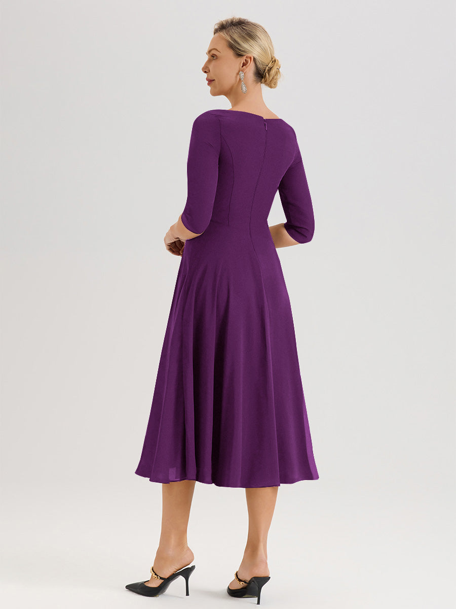 Cicinia Robe Pour Mère De La Mariée En Raisin longueur Mi-Mollet Décolleté En V Et Manches 3/4 En Mousseline Trapèze