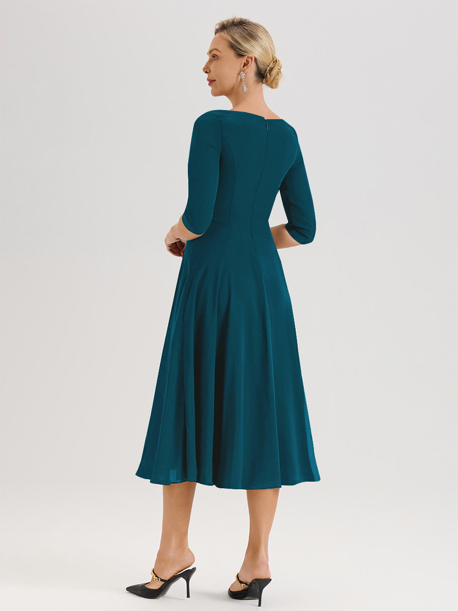 Cicinia Robe Pour Mère De La Mariée Bleu Encre longueur Mi-Mollet Décolleté En V Et Manches 3/4 En Mousseline Trapèze