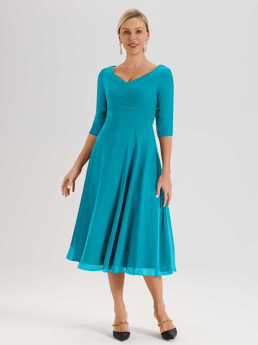 Cicinia Robe Pour Mère De La Mariée Jade longueur Mi-Mollet Décolleté En V Et Manches 3/4 En Mousseline Trapèze