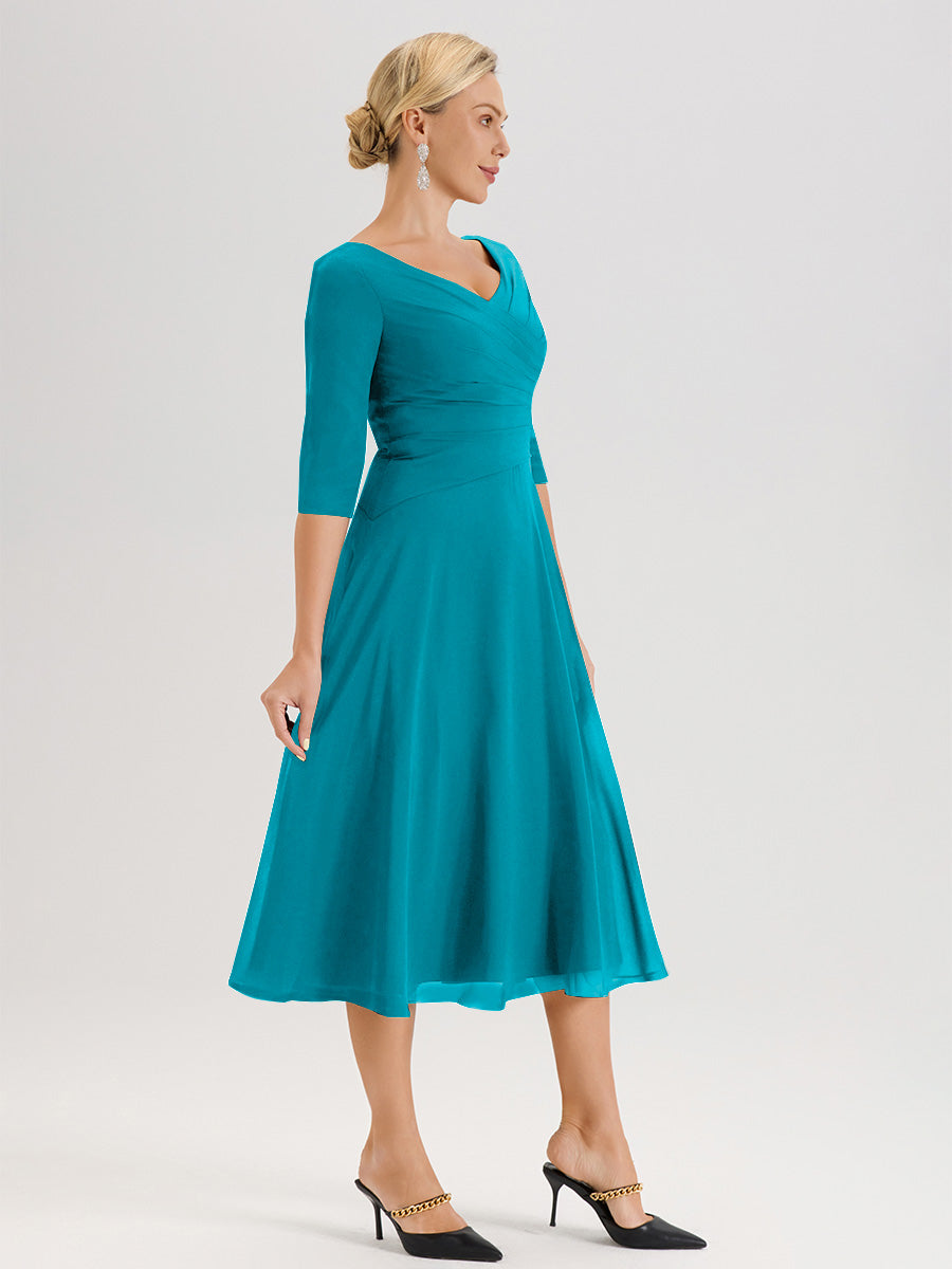 Cicinia Robe Pour Mère De La Mariée Jade longueur Mi-Mollet Décolleté En V Et Manches 3/4 En Mousseline Trapèze