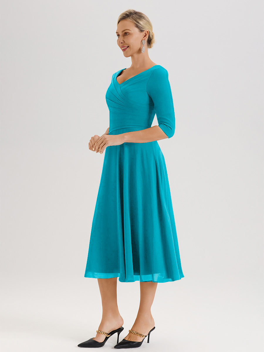 Cicinia Robe Pour Mère De La Mariée Jade longueur Mi-Mollet Décolleté En V Et Manches 3/4 En Mousseline Trapèze