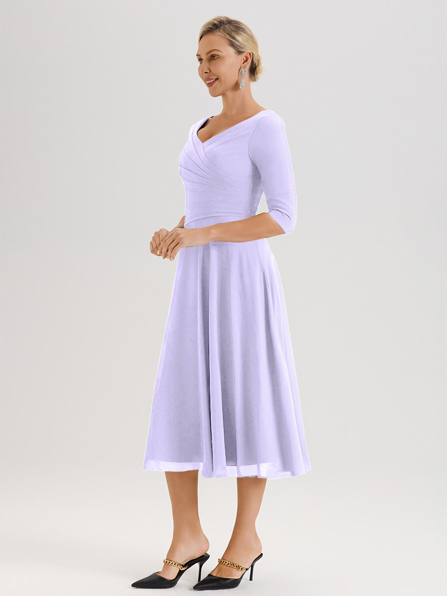 Cicinia Robe Pour Mère De La Mariée Lilas longueur Mi-Mollet Décolleté En V Et Manches 3/4 En Mousseline Trapèze