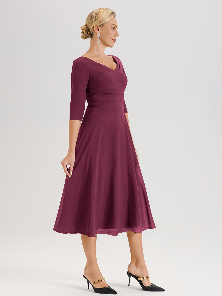 Cicinia Robe Pour Mère De La Mariée Mûre longueur Mi-Mollet Décolleté En V Et Manches 3/4 En Mousseline Trapèze