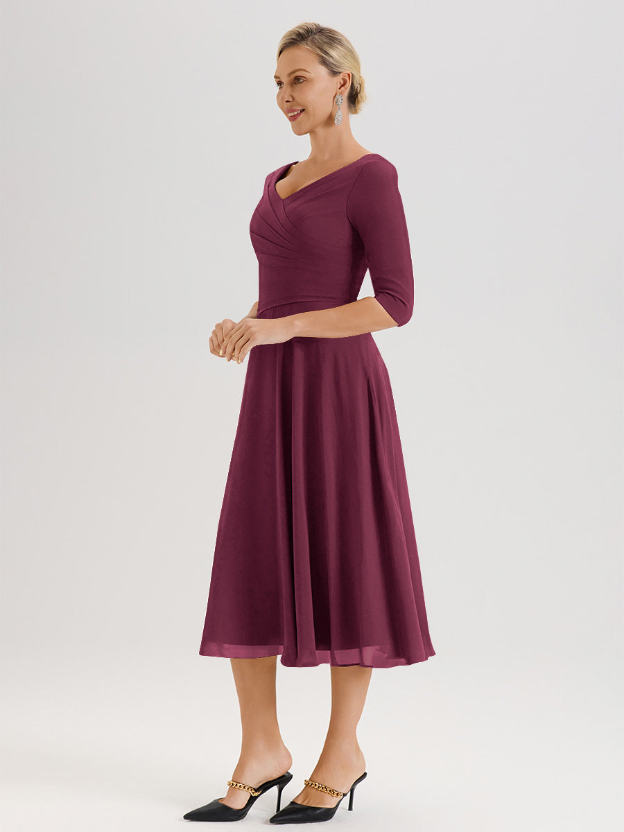 Cicinia Robe Pour Mère De La Mariée Mûre longueur Mi-Mollet Décolleté En V Et Manches 3/4 En Mousseline Trapèze