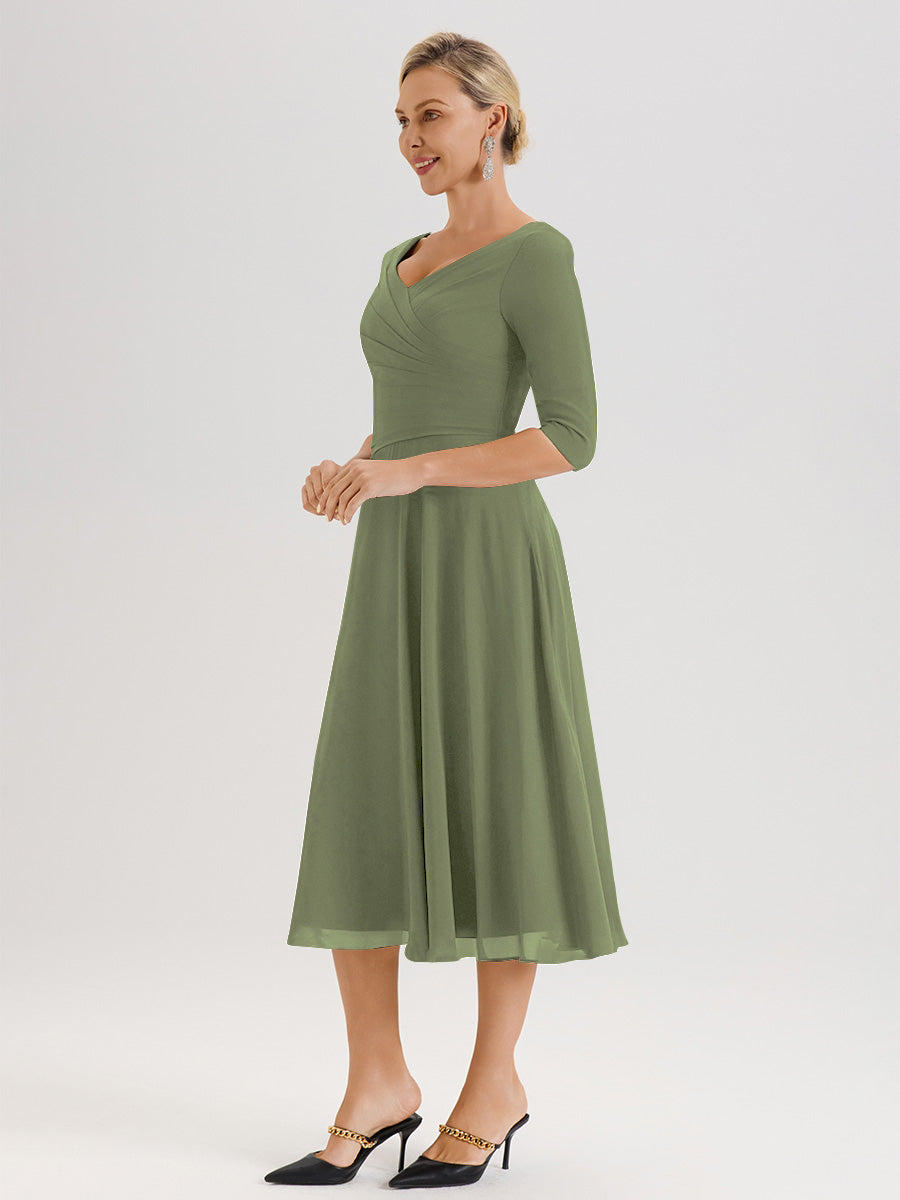Cicinia Robe Pour Mère De La Mariée Vert Olive longueur Mi-Mollet Décolleté En V Et Manches 3/4 En Mousseline Trapèze