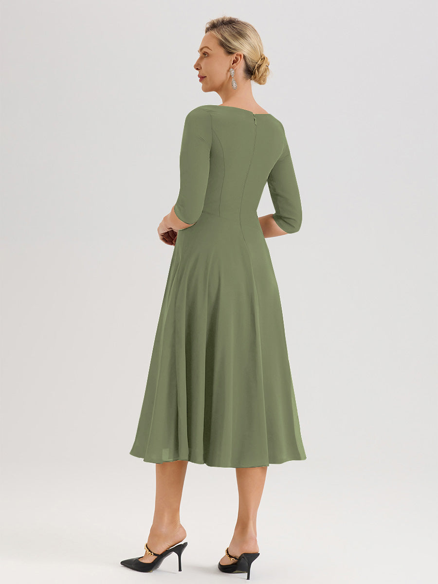 Cicinia Robe Pour Mère De La Mariée Vert Olive longueur Mi-Mollet Décolleté En V Et Manches 3/4 En Mousseline Trapèze