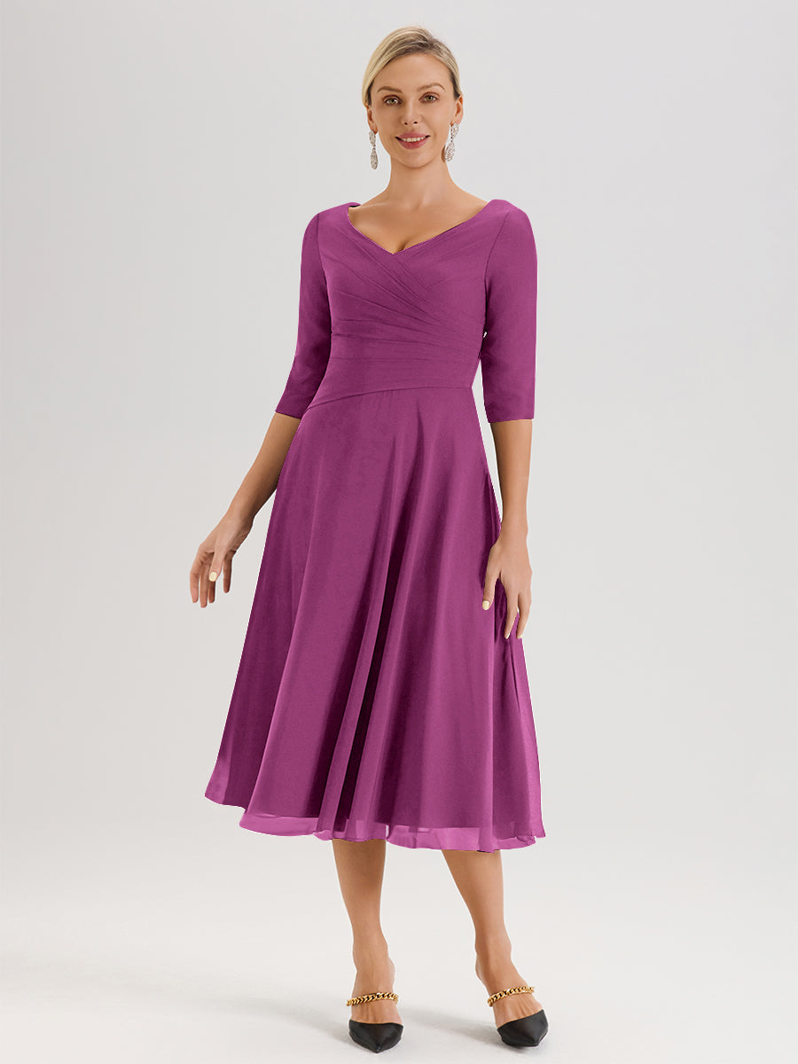 Cicinia Robe Pour Mère De La Mariée Orchidée longueur Mi-Mollet Décolleté En V Et Manches 3/4 En Mousseline Trapèze