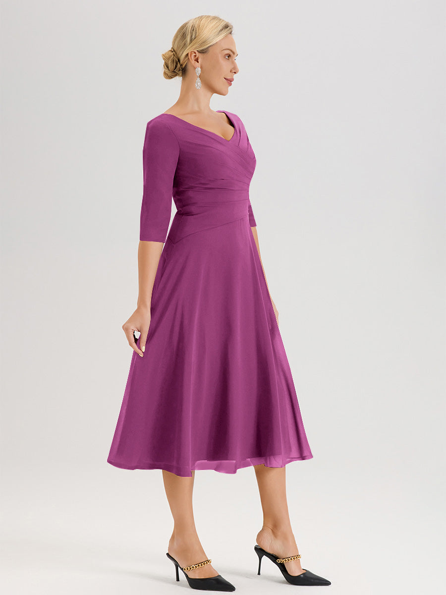 Cicinia Robe Pour Mère De La Mariée Orchidée longueur Mi-Mollet Décolleté En V Et Manches 3/4 En Mousseline Trapèze