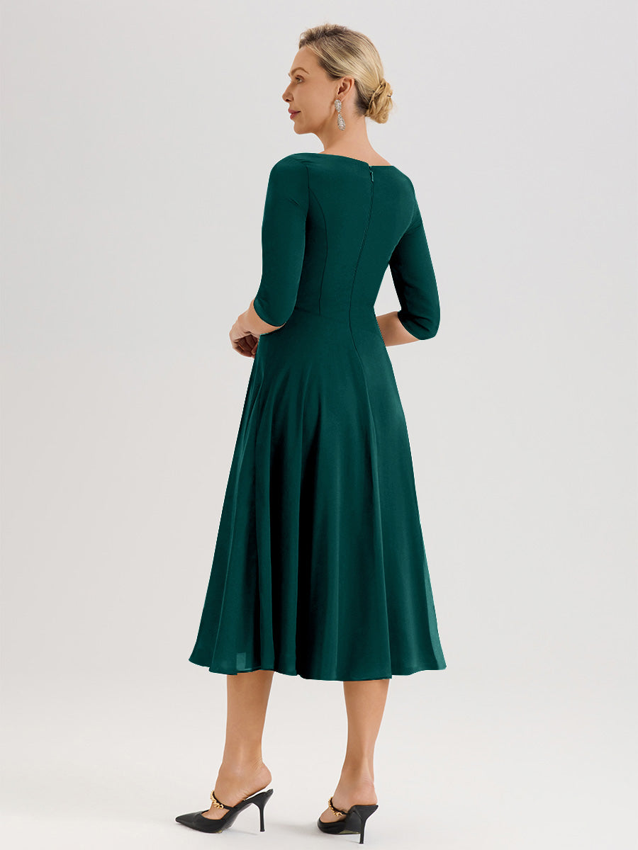 Cicinia Robe Pour Mère De La Mariée Bleu Paon longueur Mi-Mollet Décolleté En V Et Manches 3/4 En Mousseline Trapèze