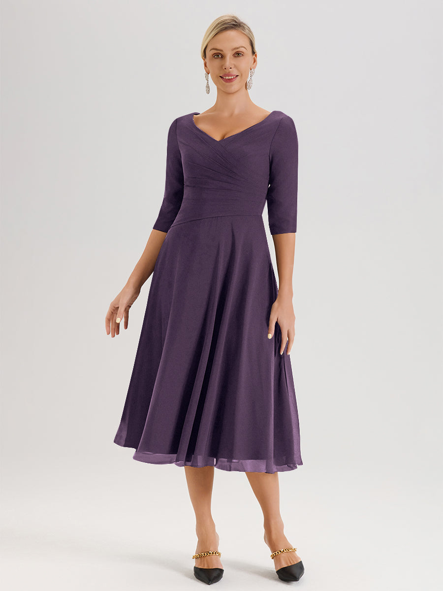 Cicinia Robe Pour Mère De La Mariée Plum longueur Mi-Mollet Décolleté En V Et Manches 3/4 En Mousseline Trapèze