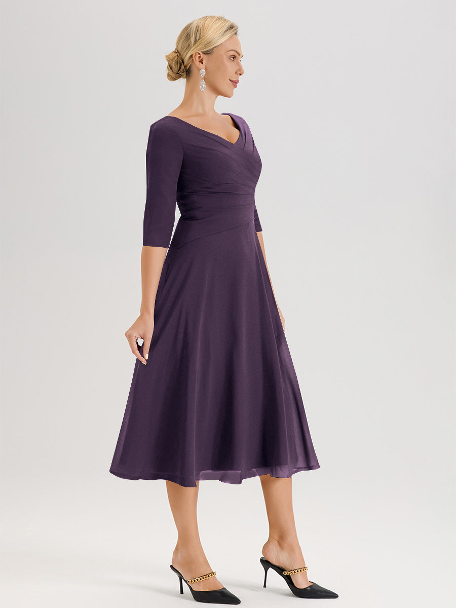 Cicinia Robe Pour Mère De La Mariée Plum longueur Mi-Mollet Décolleté En V Et Manches 3/4 En Mousseline Trapèze