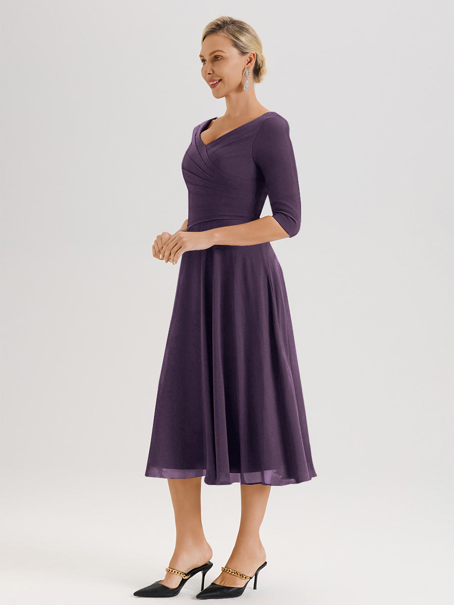 Cicinia Robe Pour Mère De La Mariée Plum longueur Mi-Mollet Décolleté En V Et Manches 3/4 En Mousseline Trapèze