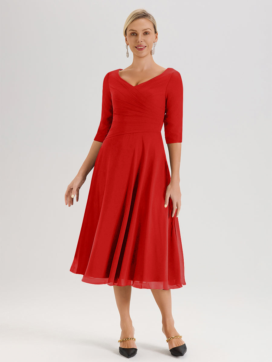 Cicinia Robe Pour Mère De La Mariée Rouge longueur Mi-Mollet Décolleté En V Et Manches 3/4 En Mousseline Trapèze