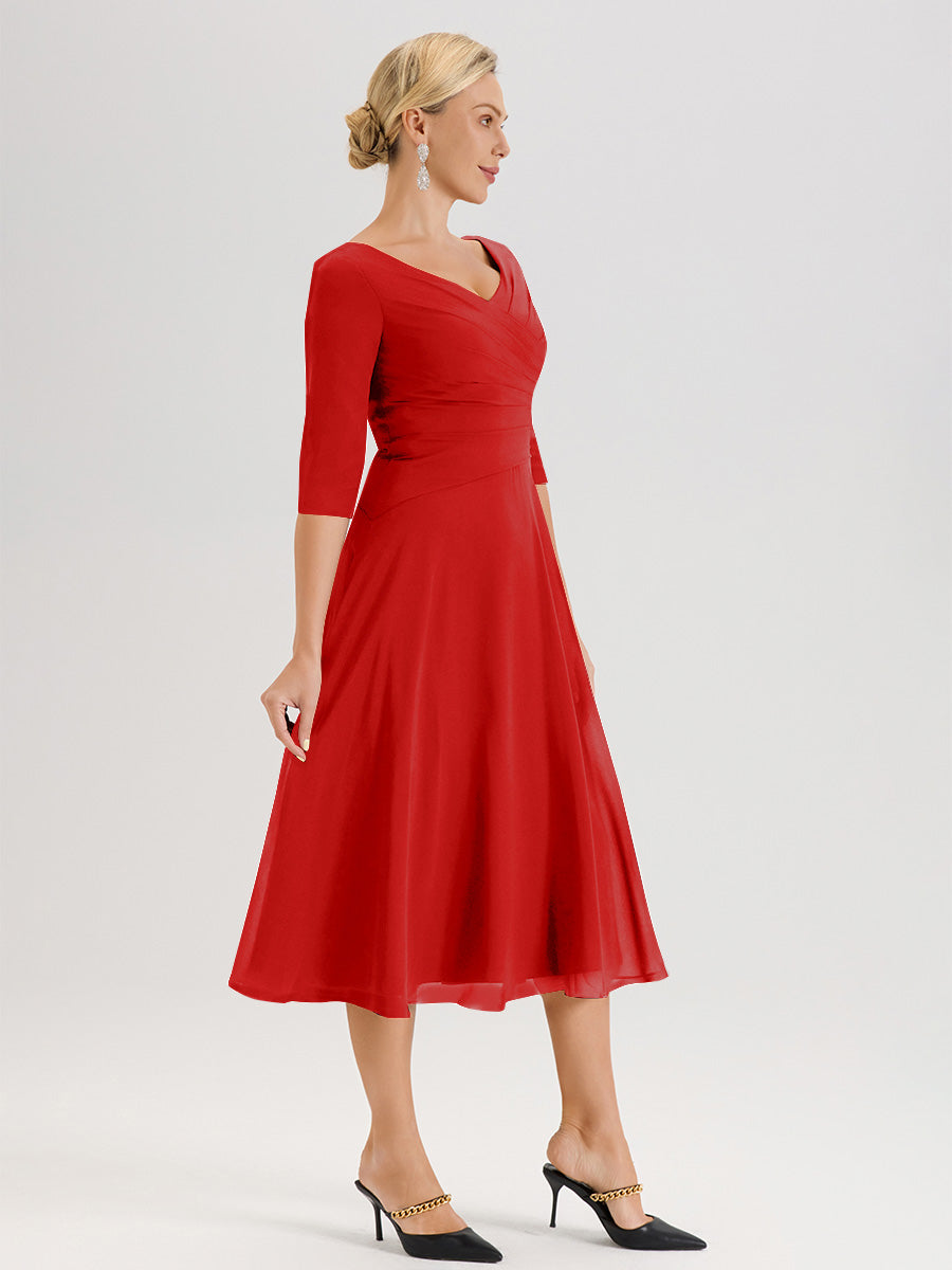 Cicinia Robe Pour Mère De La Mariée Rouge longueur Mi-Mollet Décolleté En V Et Manches 3/4 En Mousseline Trapèze