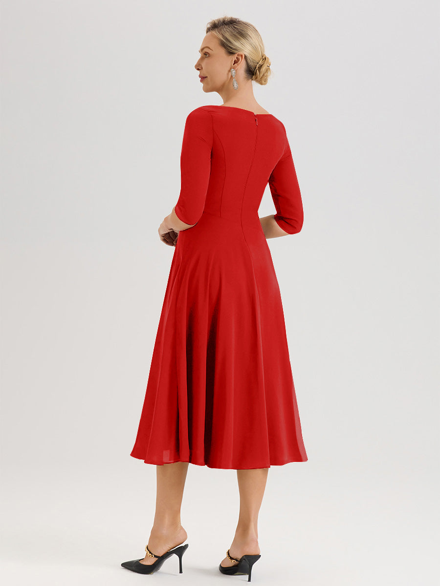 Cicinia Robe Pour Mère De La Mariée Rouge longueur Mi-Mollet Décolleté En V Et Manches 3/4 En Mousseline Trapèze