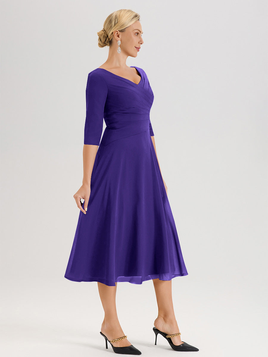 Cicinia Robe Pour Mère De La Mariée En Régence longueur Mi-Mollet Décolleté En V Et Manches 3/4 En Mousseline Trapèze