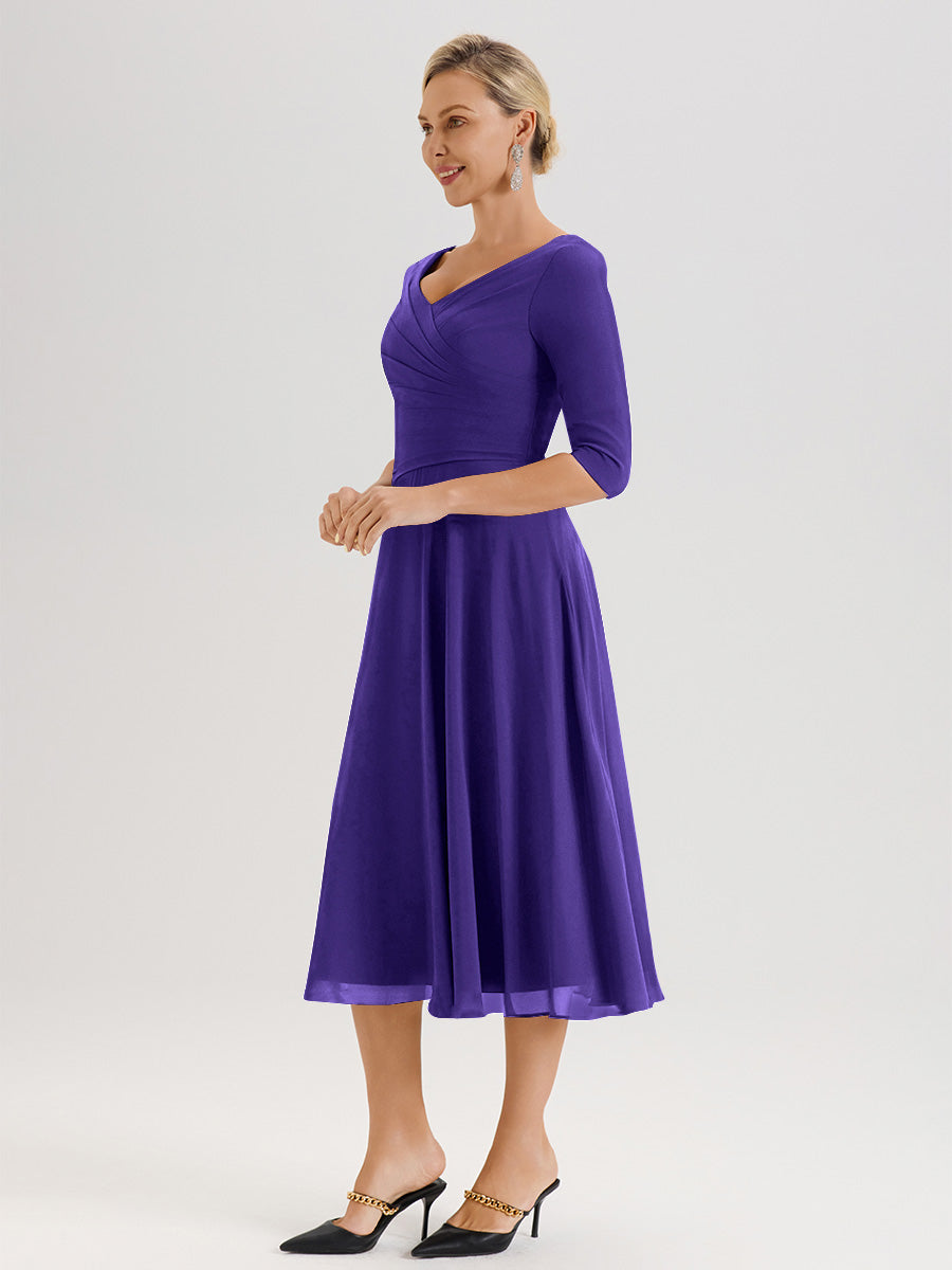 Cicinia Robe Pour Mère De La Mariée En Régence longueur Mi-Mollet Décolleté En V Et Manches 3/4 En Mousseline Trapèze
