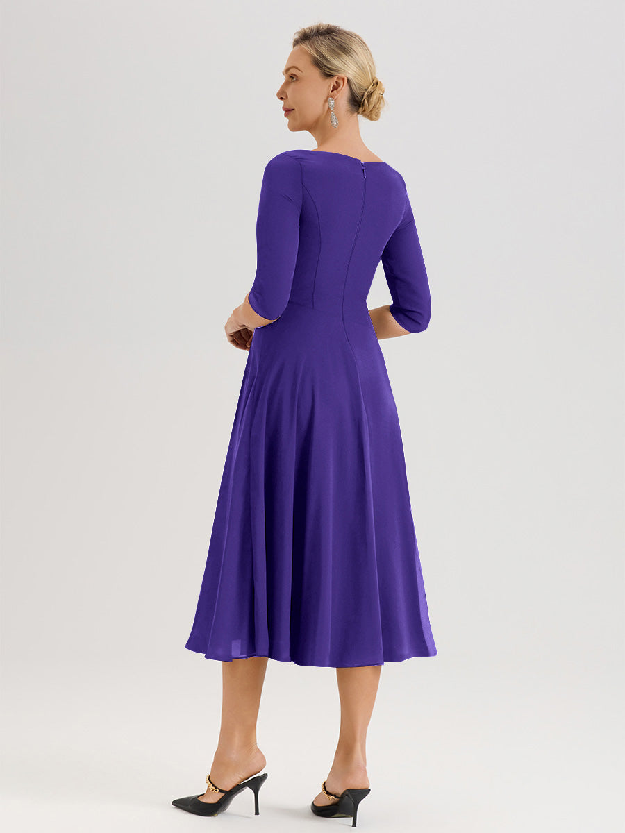 Cicinia Robe Pour Mère De La Mariée En Régence longueur Mi-Mollet Décolleté En V Et Manches 3/4 En Mousseline Trapèze