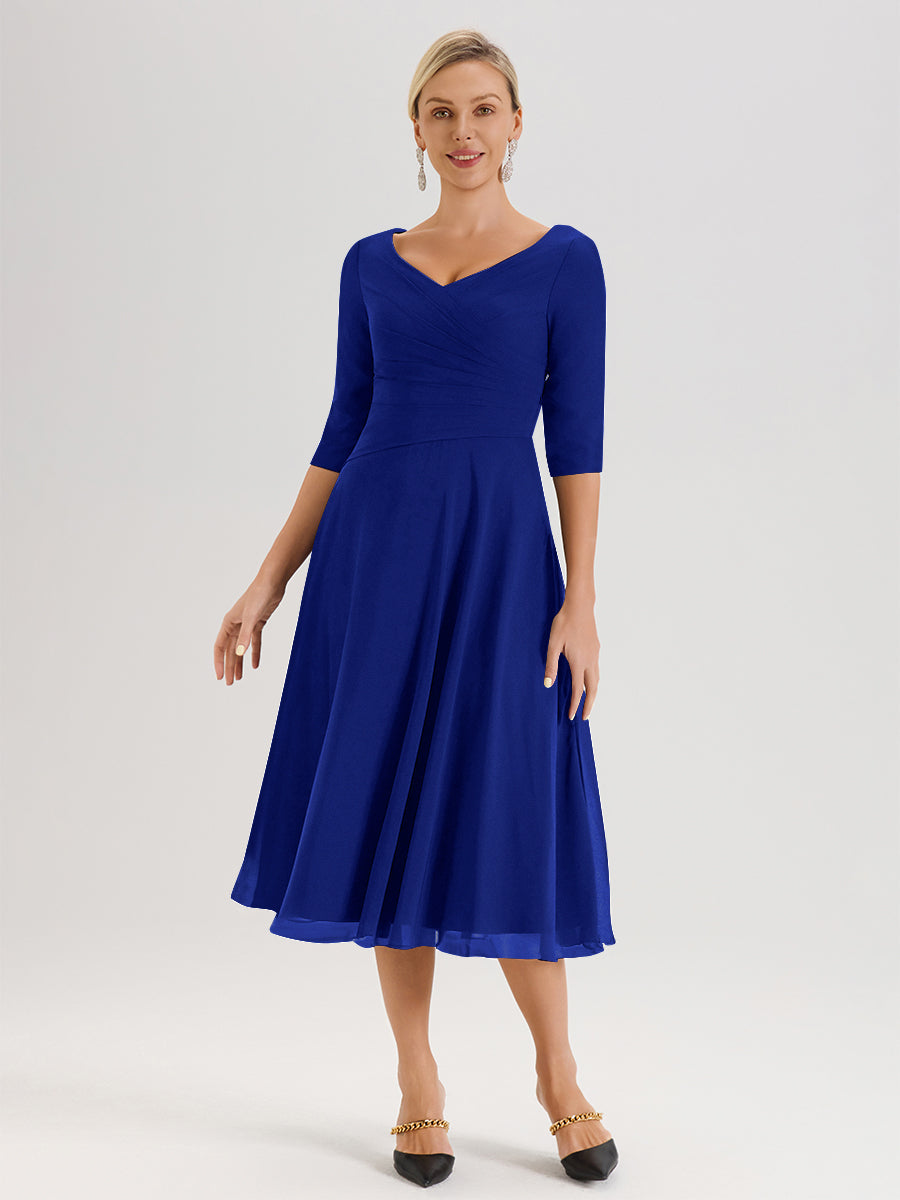 Cicinia Robe Pour Mère De La Mariée Bleu Royal longueur Mi-Mollet Décolleté En V Et Manches 3/4 En Mousseline Trapèze