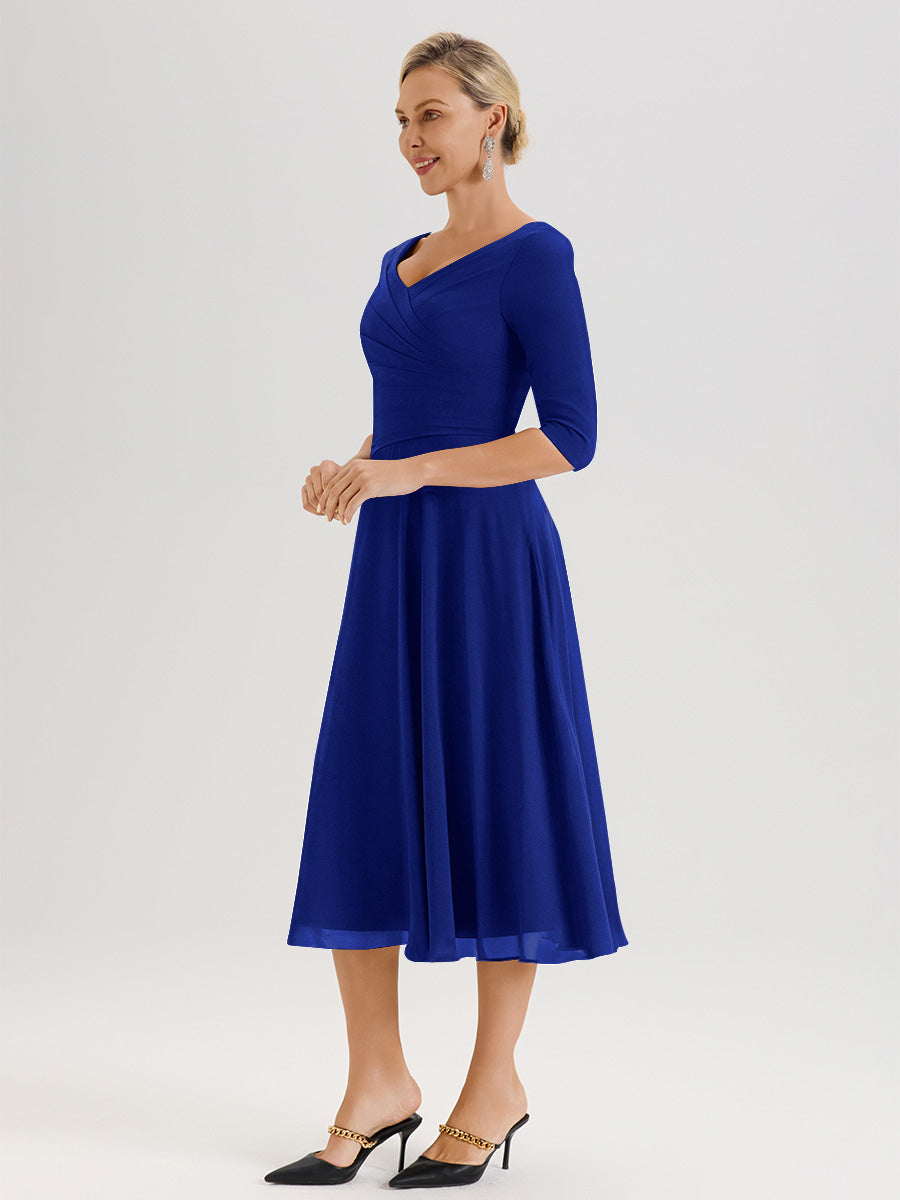 Cicinia Robe Pour Mère De La Mariée Bleu Royal longueur Mi-Mollet Décolleté En V Et Manches 3/4 En Mousseline Trapèze
